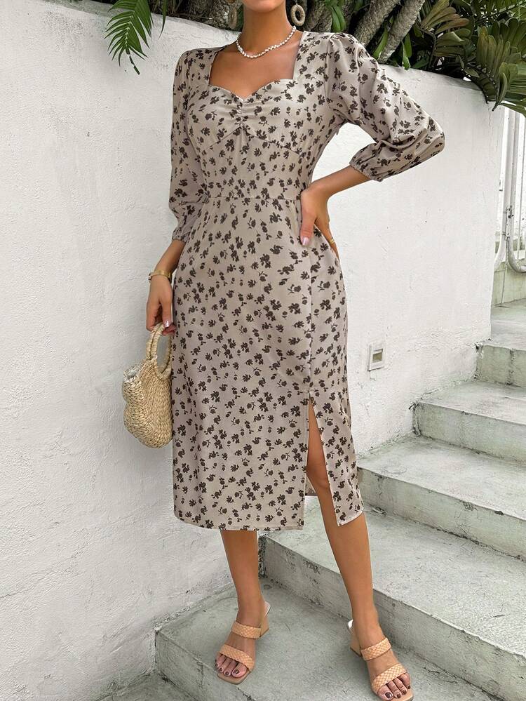 Women's Sweetheart Neckline Floral Print High-Low Hem Dress