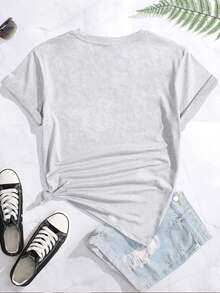 SHEIN EZwear In Động vật Vòng cổ Áo thun - Màu Xám nhạt - Xem 2