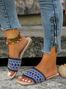 WRCVS 女款夏季平底藍色刺繡風格拖鞋,適合派對和海灘 - 寶藍色 - 查看 7