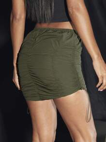 SHEIN BAE 纯绿色褶裥抽绳工装半身裙 春夏女装迷你裙 小码半身裙 日常街头休闲风 - 軍綠色 - 查看 2