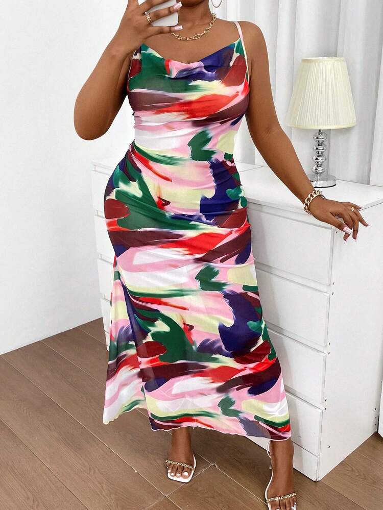 Plus Size Elastic Tie-Dye Printed Draped Collar Cami Dress