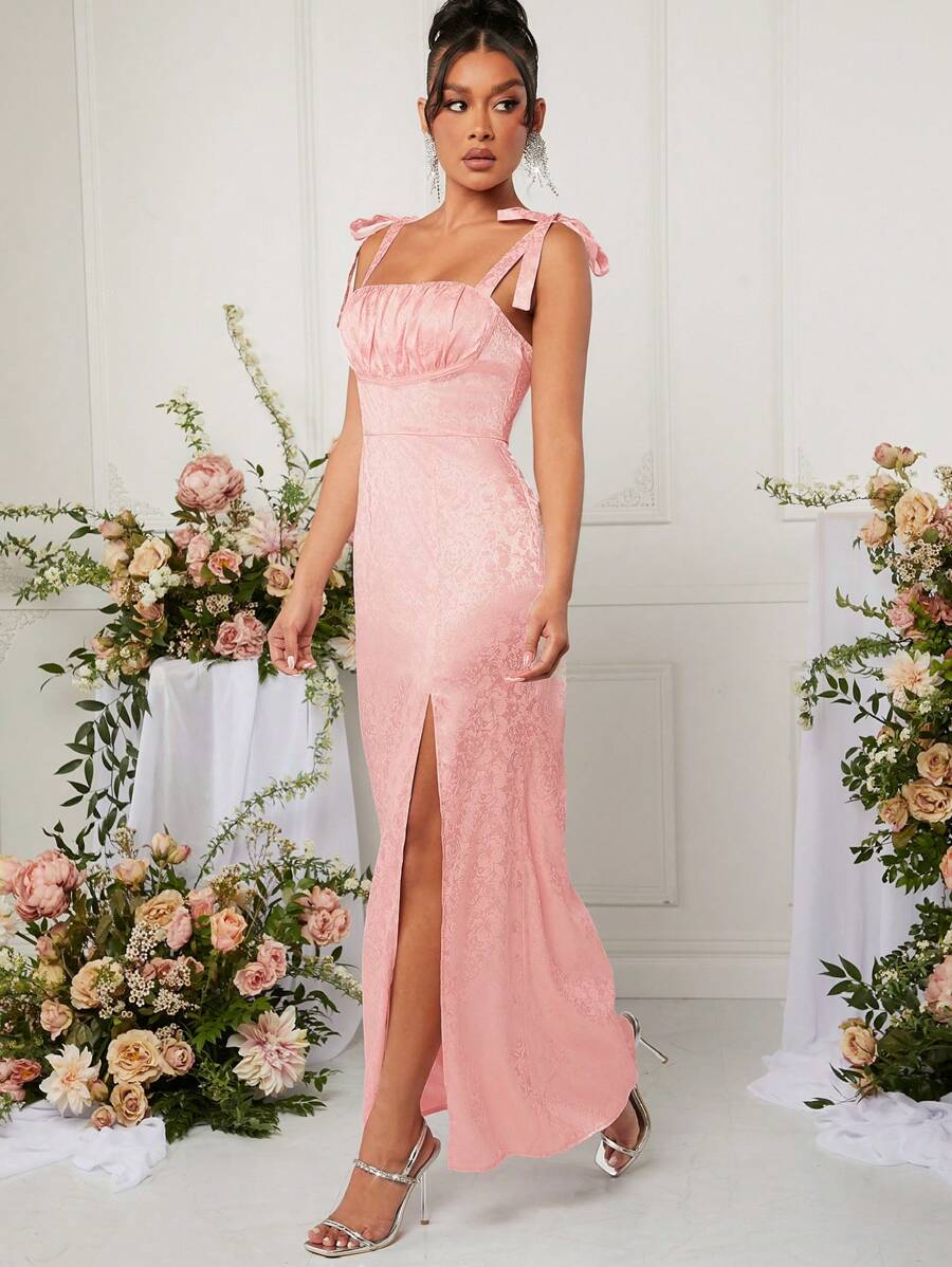 SHEIN Unity Tie Strap Ruched Bust Split Dress - Pink - View 1