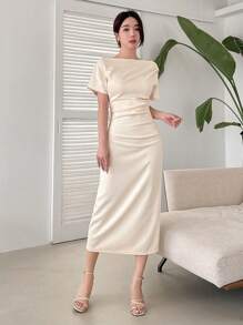 DAZY Solid Color Split Dress For Women Sundress - Apricot - View 5