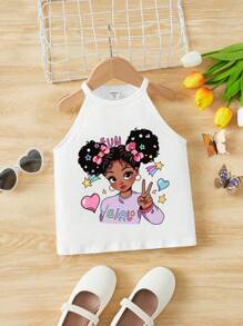 Young Girl Casual Sleeveless Tank Top With Human Portrait Design, Suitable For Summer