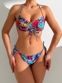 SHEIN Swim Women's Tropical Colorful Leaf Print Lace-Up Bikini Set Summer