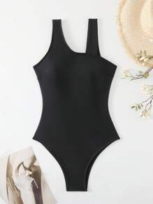 SHEIN Swim 女士不对称颈部露背吊带连体泳衣无线，适合夏季、海滩、度假、旅行、节日、游泳池、冲浪 - 黑色 - 查看 4