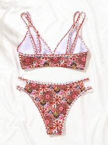 SHEIN Swim Women's Floral All Over Print Cut-Out Double Strap Bikini Set With High Waist, 2pcs/Set Swimwear Summer Beach - Multicolor - View 2