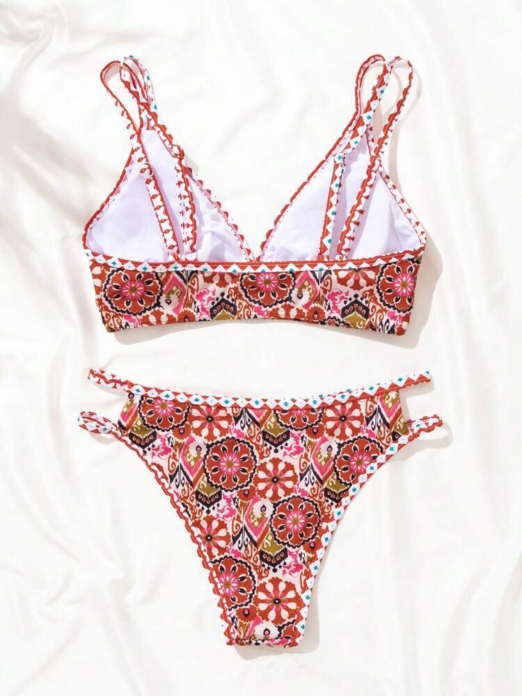 Women's Floral All Over Print Cut-Out Double Strap Bikini Set With High Waist, 2pcs/Set Swimwear Summer Beach