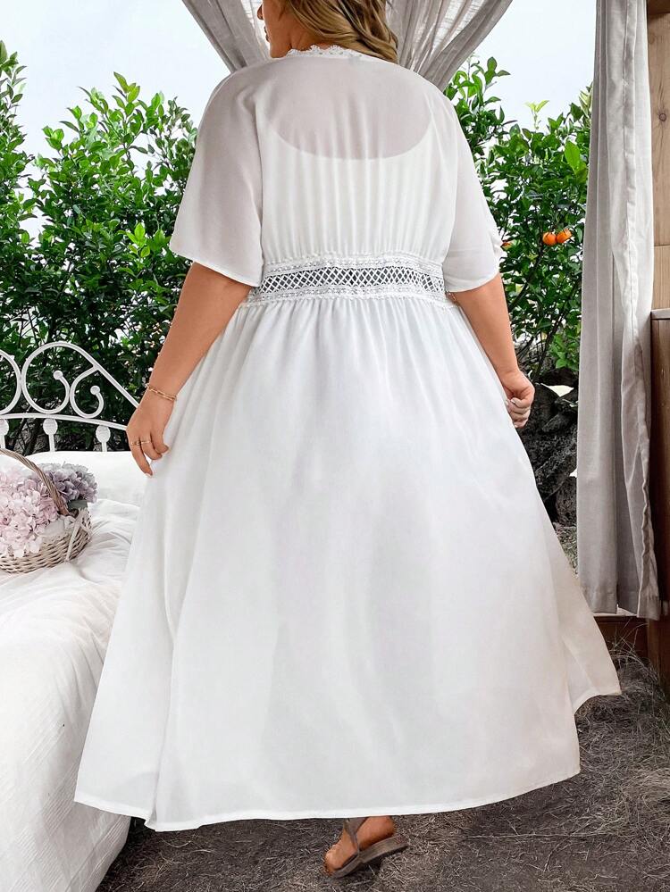 Plus Size Lace Patchwork Tie Detail Loose Fit Coat