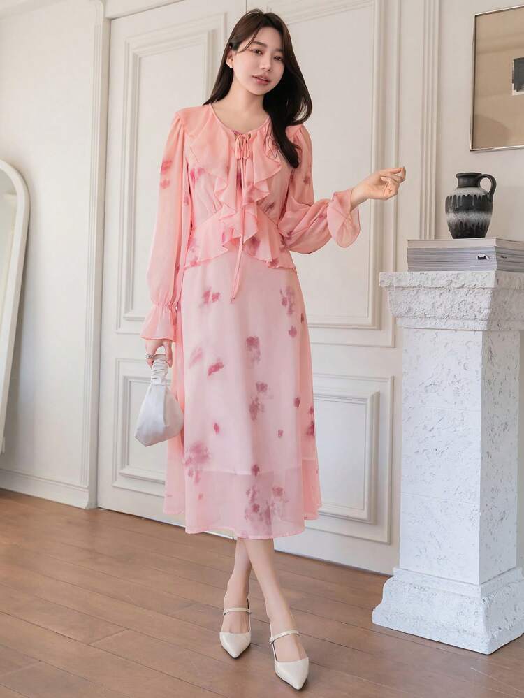 Women's Floral Print Chiffon High Waist A-Line Dress With Belt,Ruffle,Fall Dress Long Sleeve Dress