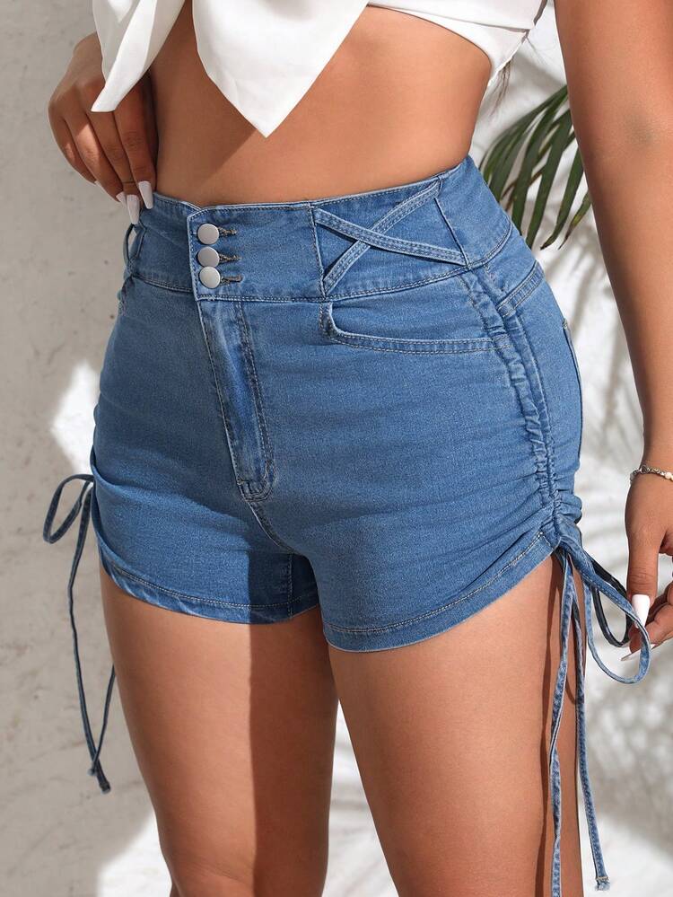 Plus Size Women's Side Drawstring Denim Shorts