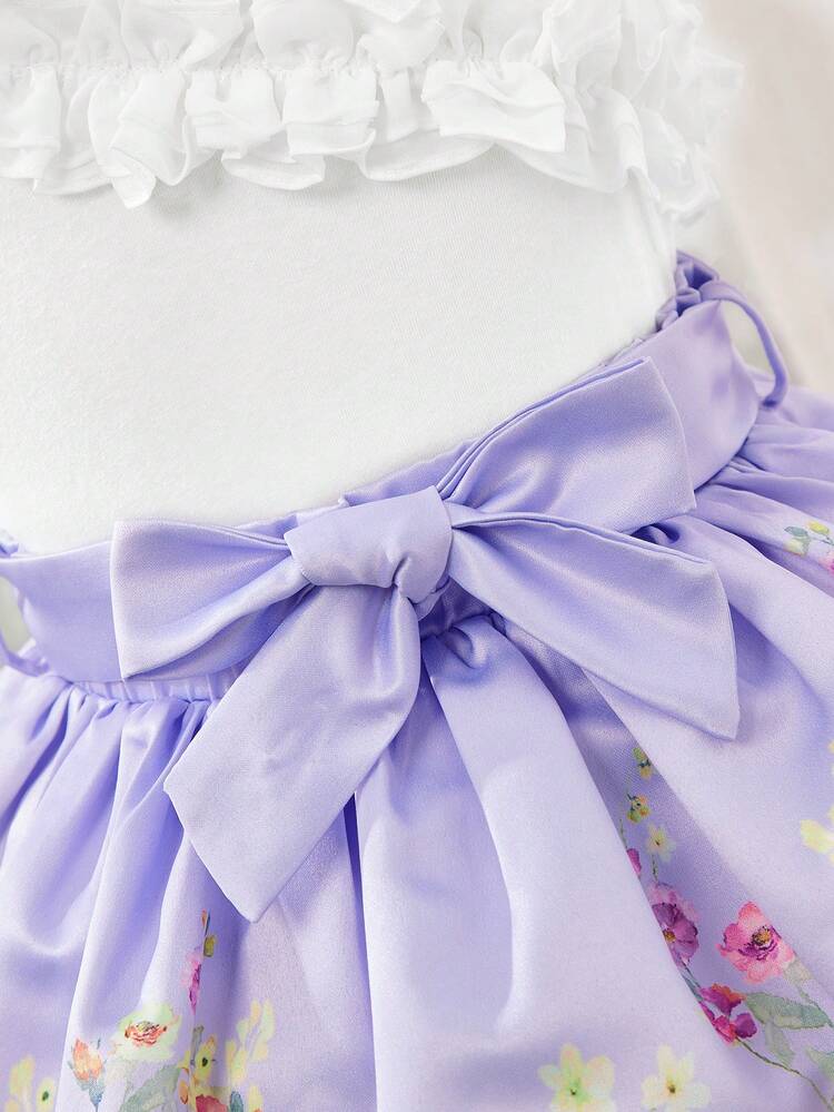 Baby Girl Casual Vacation Style Spliced Organza Ruffle Strap Top, Flower Print Skirt & Waist Belt Set