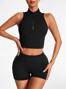 SHEIN Sports Solid Color Half Zipper Sleeveless Sports Tank Top Gym Top - Black - View 3