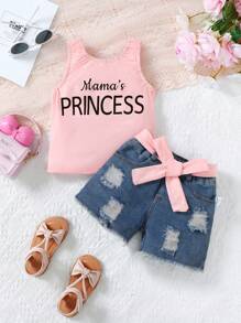 SHEIN 女婴休闲可爱字母印花上衣和破洞牛仔短裤 - 彩色 - 查看 1