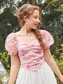 Teen Girls' Mesh Embroidered Sweetheart Collar Puff Sleeve Back-Shirred Casual Shirt