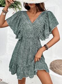 SHEIN Frenchy Romantic Ruffle Trim Decor Sundress,Crushed Flower Dark Green Dress,Backless Beach Women Dresses,Tie Waist Elegant Mini Dress - Green - View 6