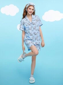 HELLO KITTY AND FRIENDS | SHEIN Fashionable Casual Cartoon Print Blue Lapel Collar PJ Set - Multicolor - View 3