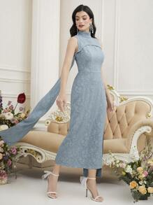 Modelyn 提花吊带立领无袖紧身连衣裙，配缎带细节长款晚礼服 - 薄荷綠 - 查看 6