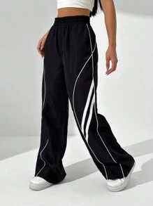 StreetHx Casual Colorblock Stripe Wide Leg Pants Fall Cloth For Women
