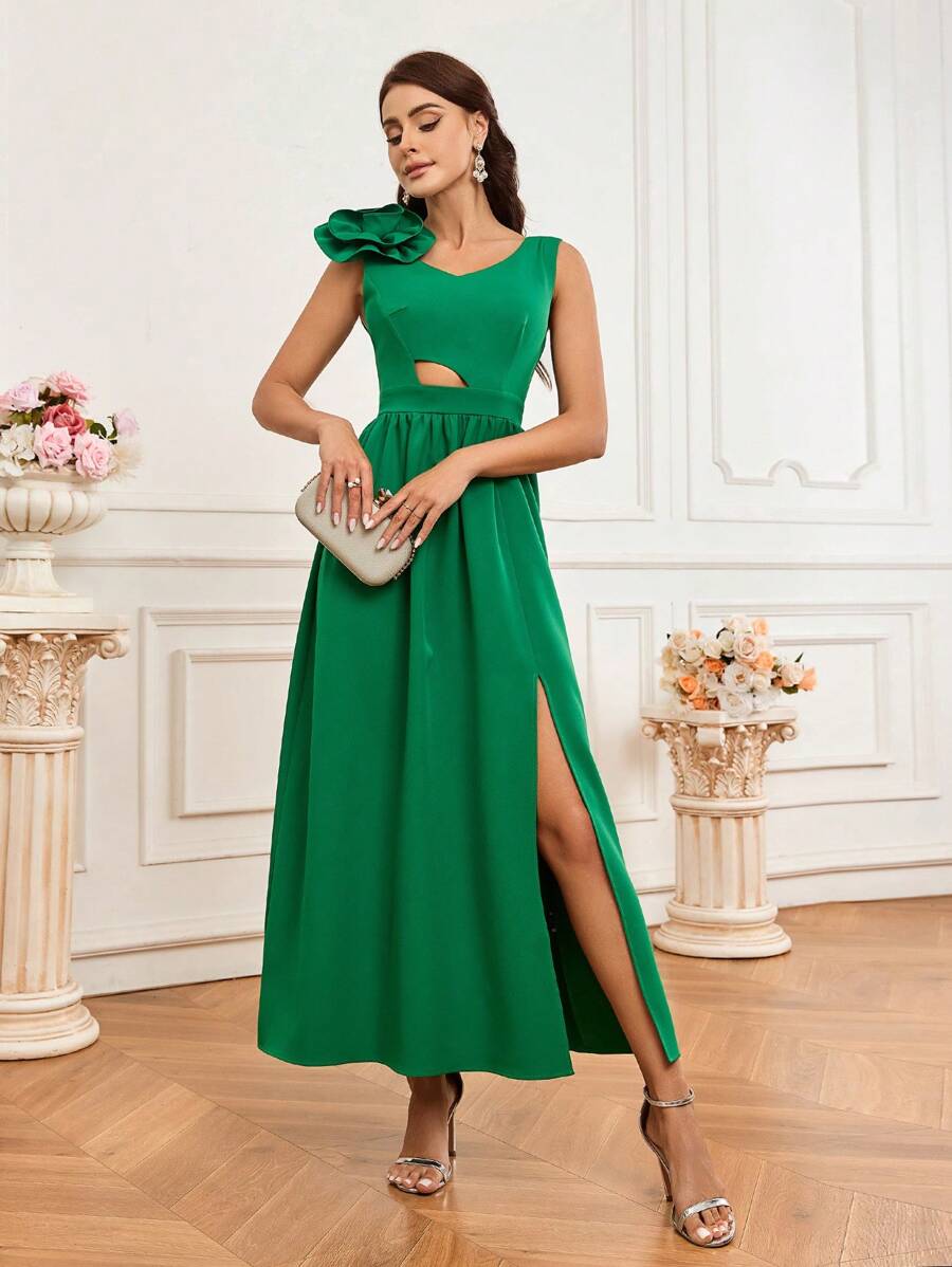 SHEIN Belle Solid Color 3d Flower Hollow Out Slit Bridesmaid Dress - Green - View 1