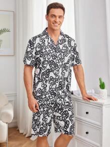 Men's Full Printed Button Down Shirt And Short Home Suit Summer Homewear Set
