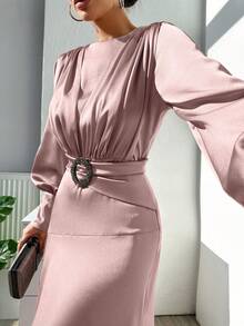 EURMUSE Long Length Evening Dress Made Of Satin With Shiny Stones Accessories In Belt - Dusty Pink - View 4