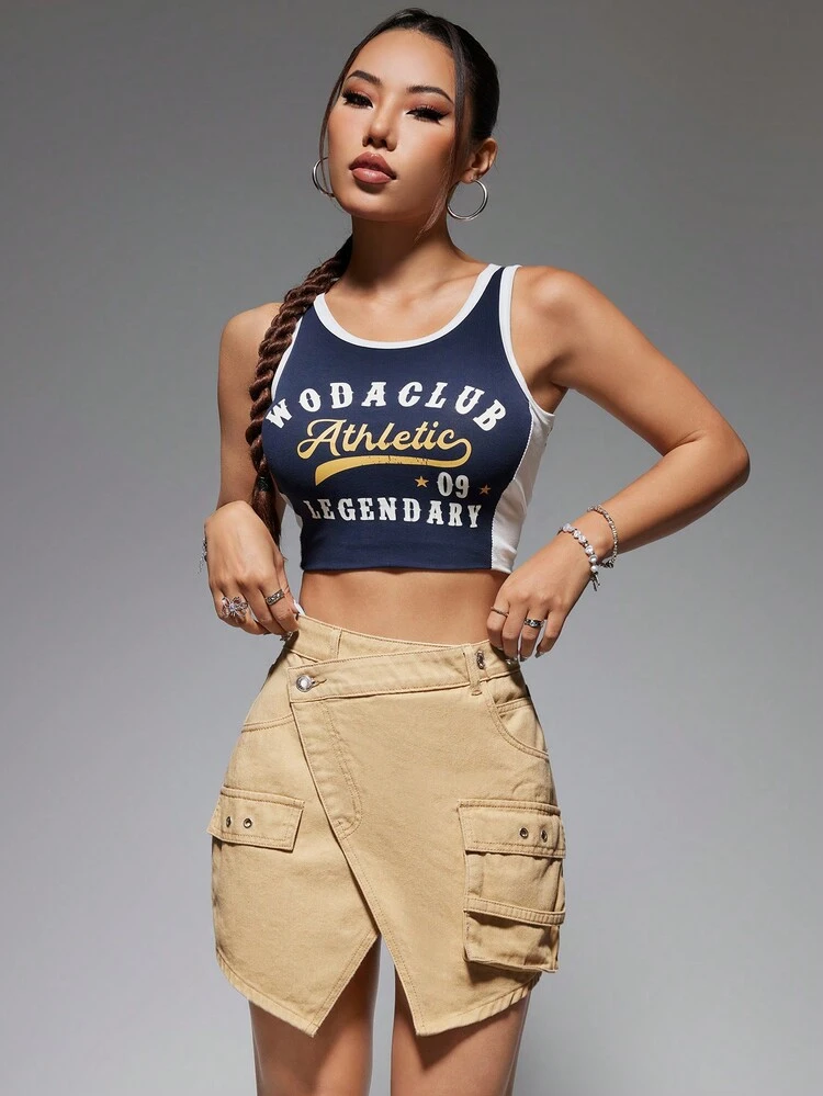 Solid Color Asymmetric Hem Denim Skirt With Flap Pockets