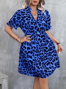 Celure Kích thước lớn Của phụ nữ In hoa Báo Chải Cổ chữ V Eo Kẹp chặt Ngắn tay Đầm - Xanh đậm - Xem 6