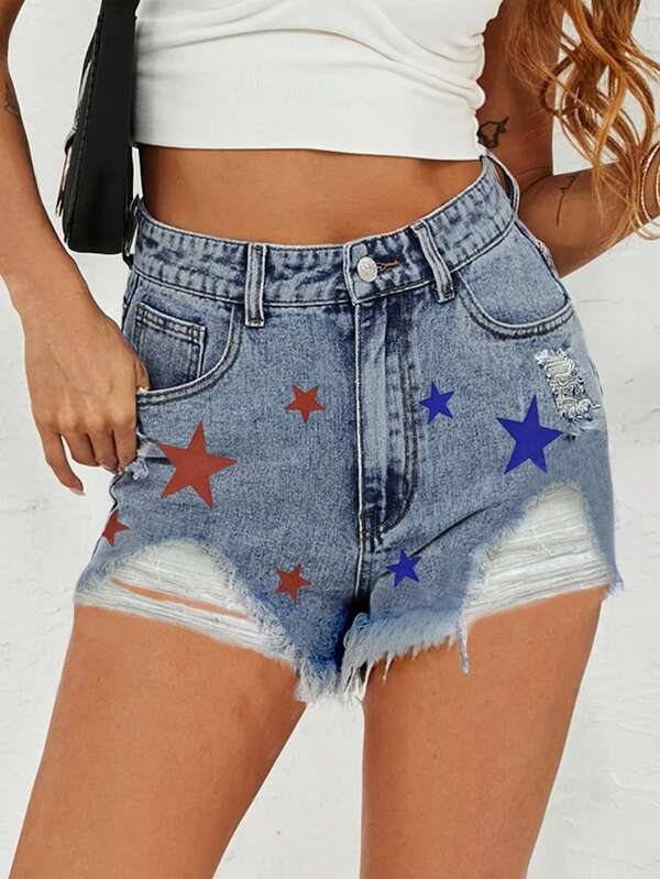 Women European And American Stylish Pentagram Printed Street Shorts