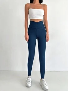 RueChic Leggings Da Donna Con Sovrapposizione In Vita E Colore Unito - Blu Navy - Visualizzare 3