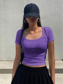 DAZY 纯色修身罗纹短袖圆领T恤夏季短款上衣女式学院风上衣