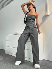 Flirla 純色抹胸&闊腿褲 - 深灰色 - 查看 3