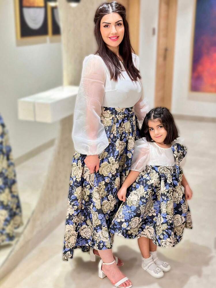 女性用 花柄ジャカード パッチワーク ランタンスリーブ ドレス、エレガントな晩餐会ドレス ロング イブニングドレス