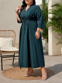 Mulvari Plus Size Notched Collar Tie Waist Dress With Front Slit