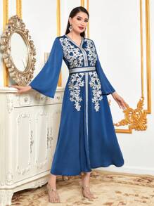 Women's Embroidered Patch Ribbon Patchwork Flare Sleeve Arabic Style Dress - Blue - View 1