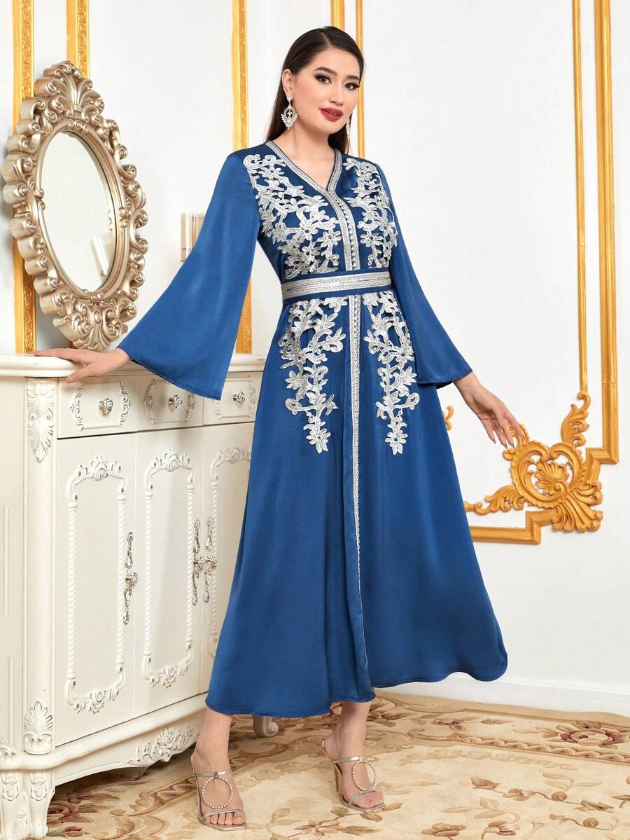 Women's Embroidered Patch Ribbon Patchwork Flare Sleeve Arabic Style Dress - Blue - View 1