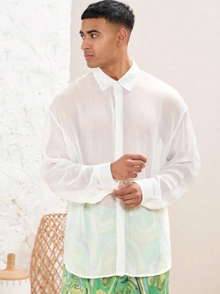 Men's Woven Casual Solid Color Shirt And Tie-Dyed Shorts 2-Piece Set