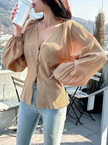 DAZY Blusa Con Manga Farol Y Manga Raglán Con Cuello En V Para Mujer - Camel - Ver 6