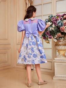 SHEIN Váy chắp vá hoa Jacquard cổ Peter Pan tay bồng cho bé gái tuổi teen - Màu tím - Xem 3