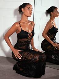 SHEIN BAE Schwarzes durchsichtiges Spitzenkleid mit Zugband und gekreuzten Trägern, sexy Nachtklub Elegant Lang Strandkleid, schwarz elegantes Kleid, Country Festival Outfits, Musik Festival Outfits, Abschluss Outfit, Konzert Outfits, Meerjungfrau Kleid, Lang Strandkleid, Elegantes Musikfestival Stagecoach Fischschwanz Cocktail Party Enges Langes Kleid