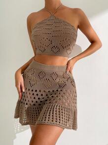 SHEIN Swim 女式單色中空針織遮陽衣套裝 - 駝色 - 查看 3