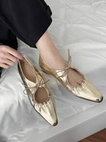 Women's Gold Tone Ribbon Flat Ballet Shoes - Gold - View 1