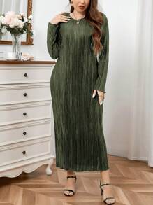 SHEIN Privé Plus Size Elegant Romantic Round Neck Pleated Straight Long Dress For Women, Spring/Summer - Army Green - View 5