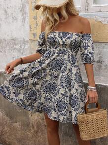 SHEIN Clasi Vintage Printed Off-Shoulder Dress - Blue - View 1