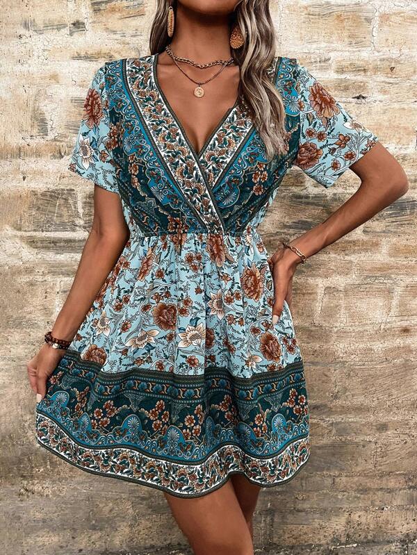 Breezaya 1 Stück lässiges, sommerliches, bohemien V-Ausschnitt gemustertes Kleid, Urlaubsoutfit Strand für Frauen