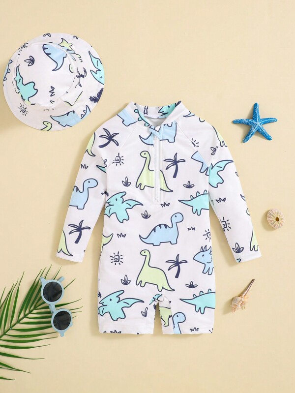 Conjunto De Traje De Baño De Una Pieza De Manga Larga Con Dibujo Animado De Dinosaurio Para Bebé Niño Y Gorro De Natación