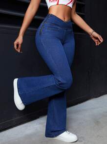 SHEIN ICON Solid Color V-Shape High-Waist Flare Jeans