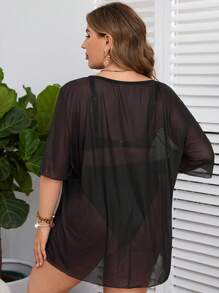 SHEIN Swim Curve 大码 V 领分体式泳衣套装，带花卉印花罩衫，夏季