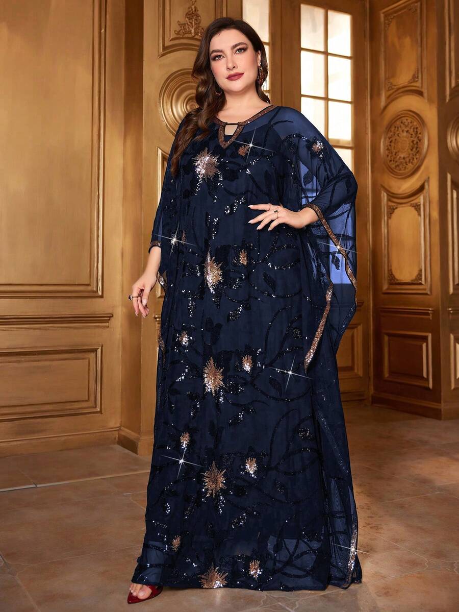 Plus Size Sequin Embroidered Batwing Sleeve Modest Dress Spring Vacation - Blue - View 1