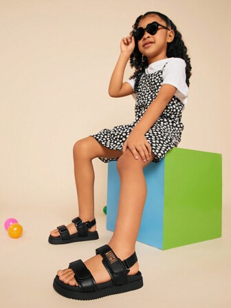 Mini mi 2024 Bestseller Kids' Super Soft Black Sporty Flatform Sandal With Gold Kelly Buckle, Anti-Slip, Luxurious And Timeless